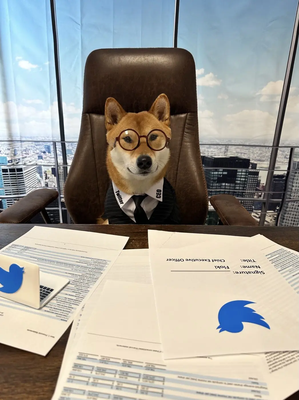 Floki wearing glasses and a suit at a desk