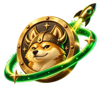Gold Floki reward medallion orbiting with a rocket